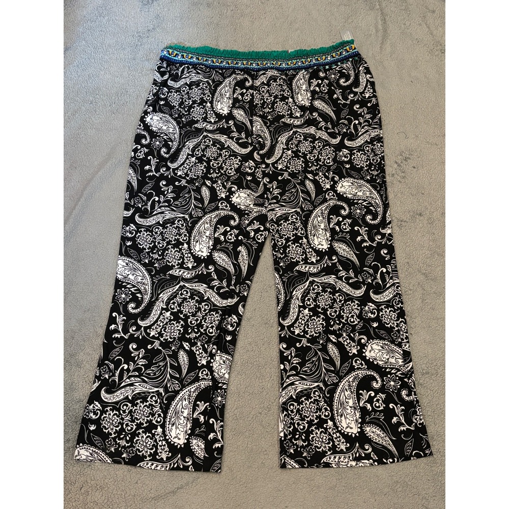 Avenue VIP Knits Plus Size 26/28 Paisley Wide Leg Pants Black White Teal NWT